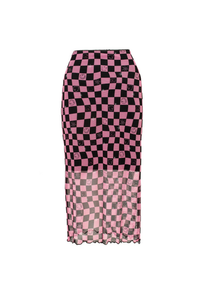 Distortion Skirt produktbillede, nederdel set forfra uden model, viser checkerboard mønsteret.