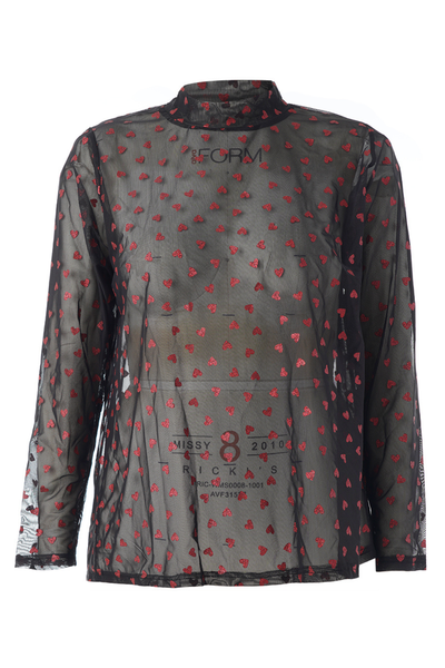 7) Helle Mesh Bluse Sort m/røde Hjerter