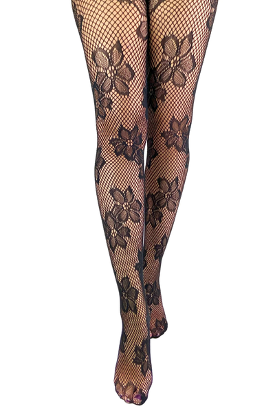 Pamela Mann Blossom Net Tights – frontvisning med store blomster i netmønster