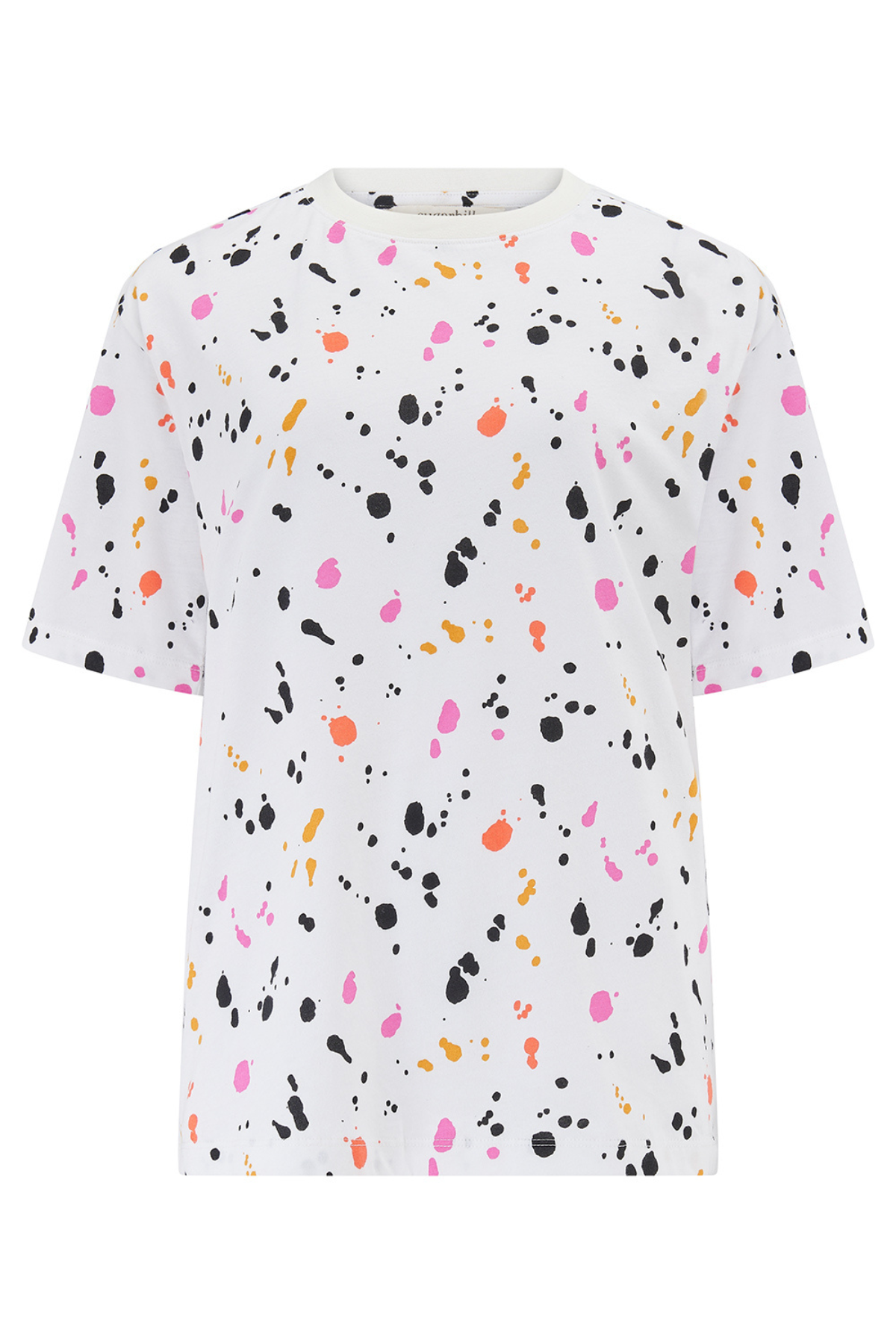 Kinsley Relaxed T-shirt fra Sugarhill Brighton – hvid med farverige splash-detaljer i pink, orange, gul og sort.