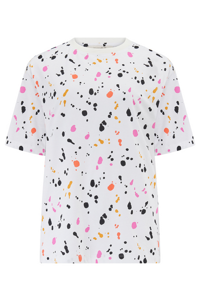 Kinsley Relaxed T-shirt fra Sugarhill Brighton – hvid med farverige splash-detaljer i pink, orange, gul og sort.