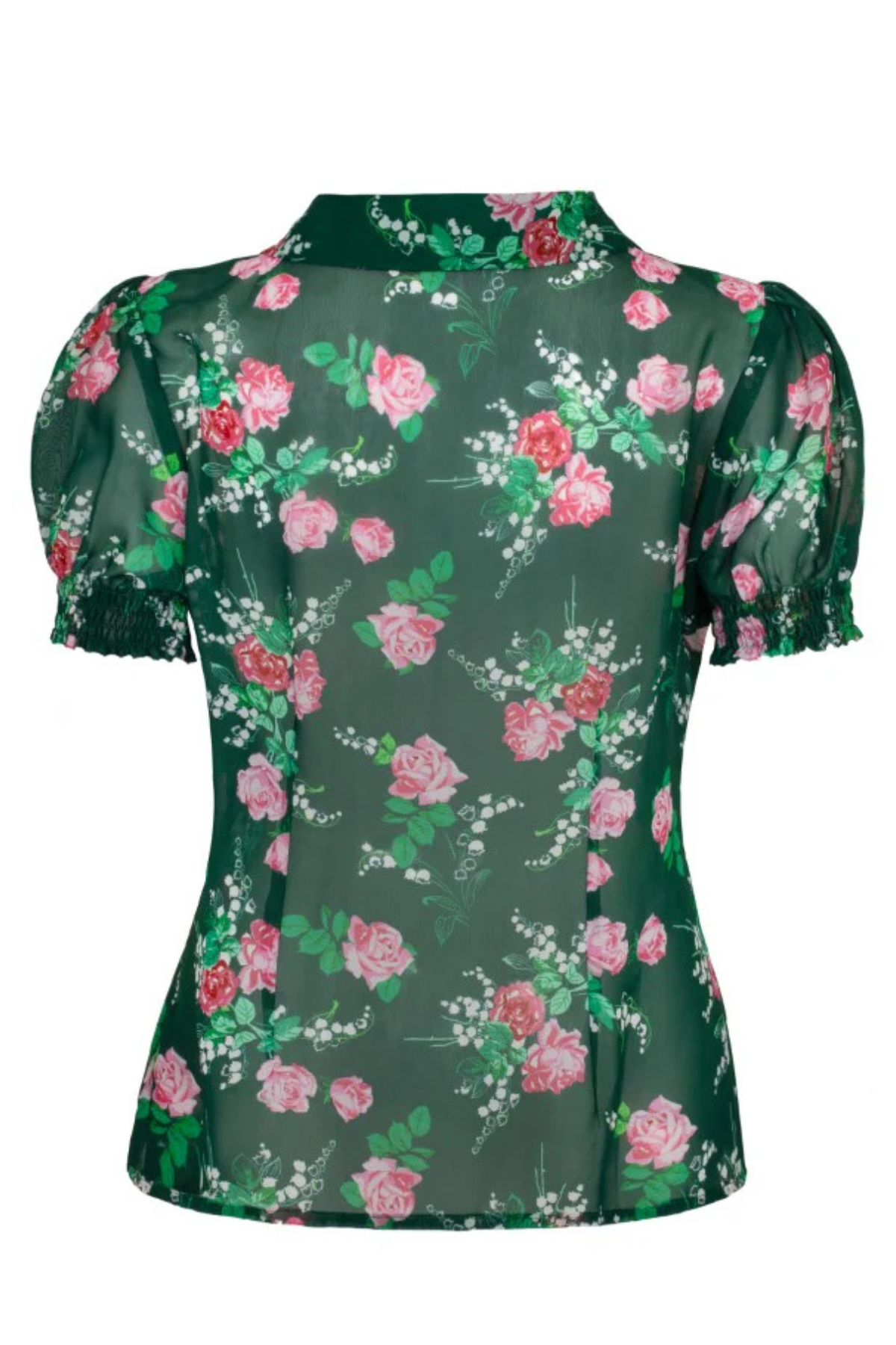 Hell Bunny Mabel Blouse – grøn chiffonbluse med blomsterprint, set bagfra