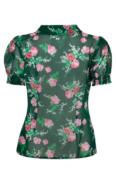 Hell Bunny Mabel Blouse – grøn chiffonbluse med blomsterprint, set bagfra