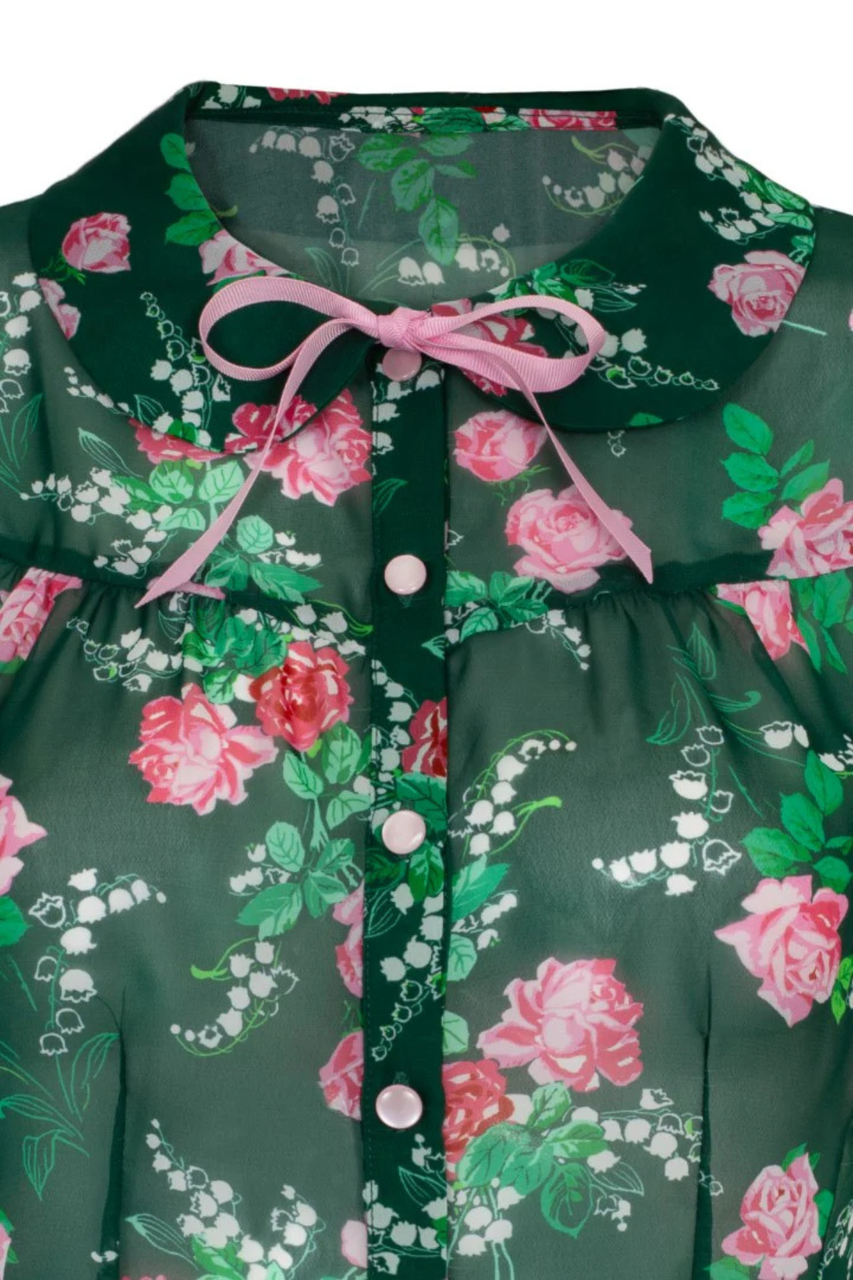 Hell Bunny Mabel Blouse – grøn chiffonbluse med pink blomster og sløjfedetalje, set tæt på