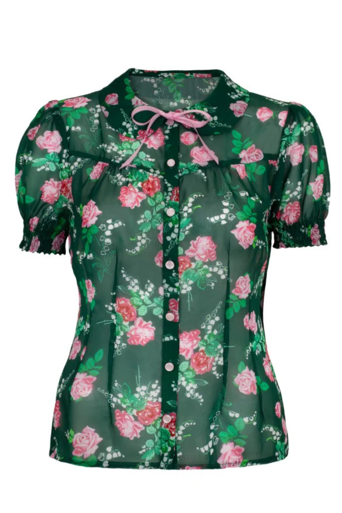 Hell Bunny Mabel Skjorte – grøn skjorte med pink blomster og puffærmer, set forfra