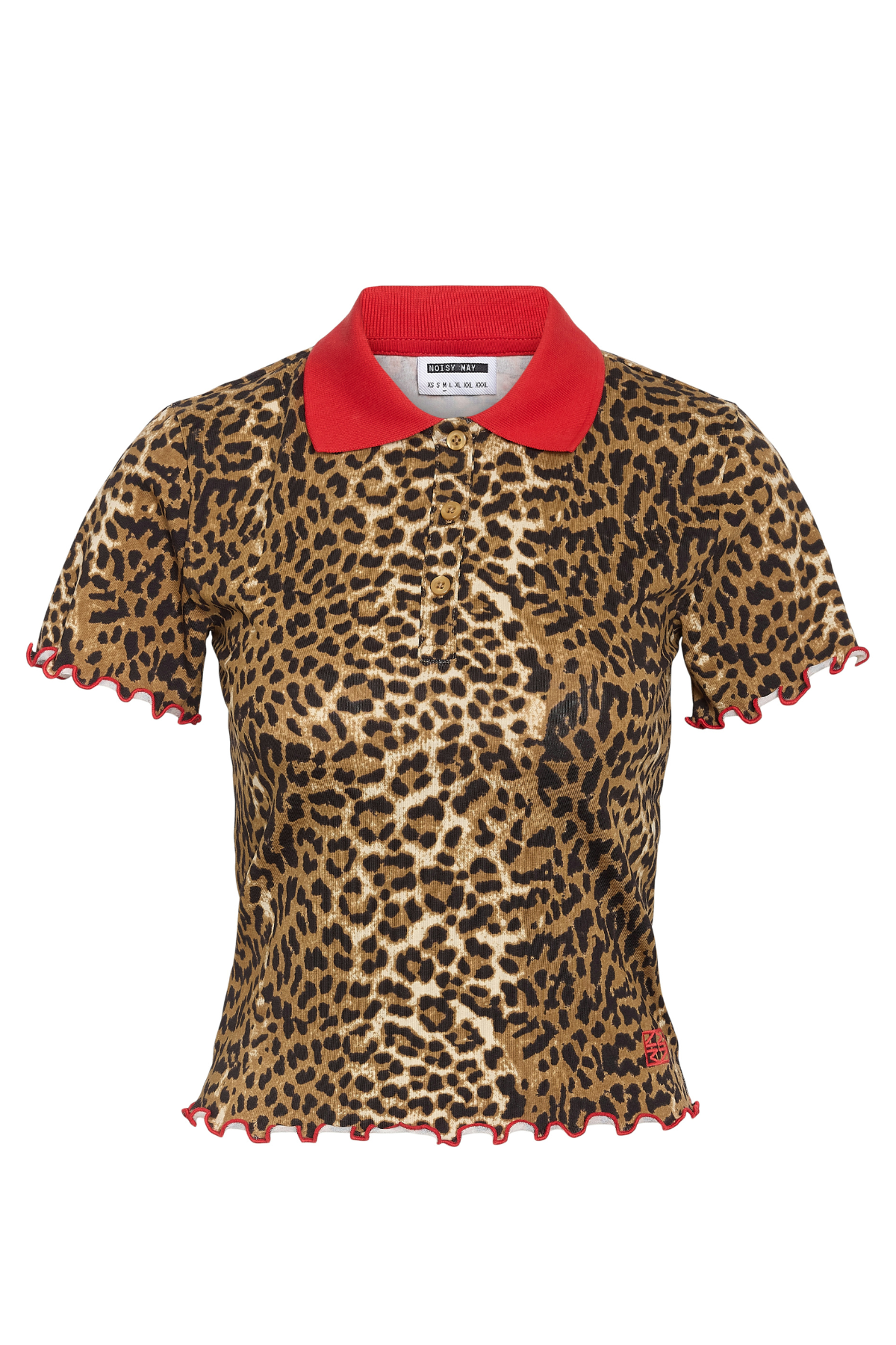 Leopardprint polo top fra Noisy May Curve med rød krave, set forfra.