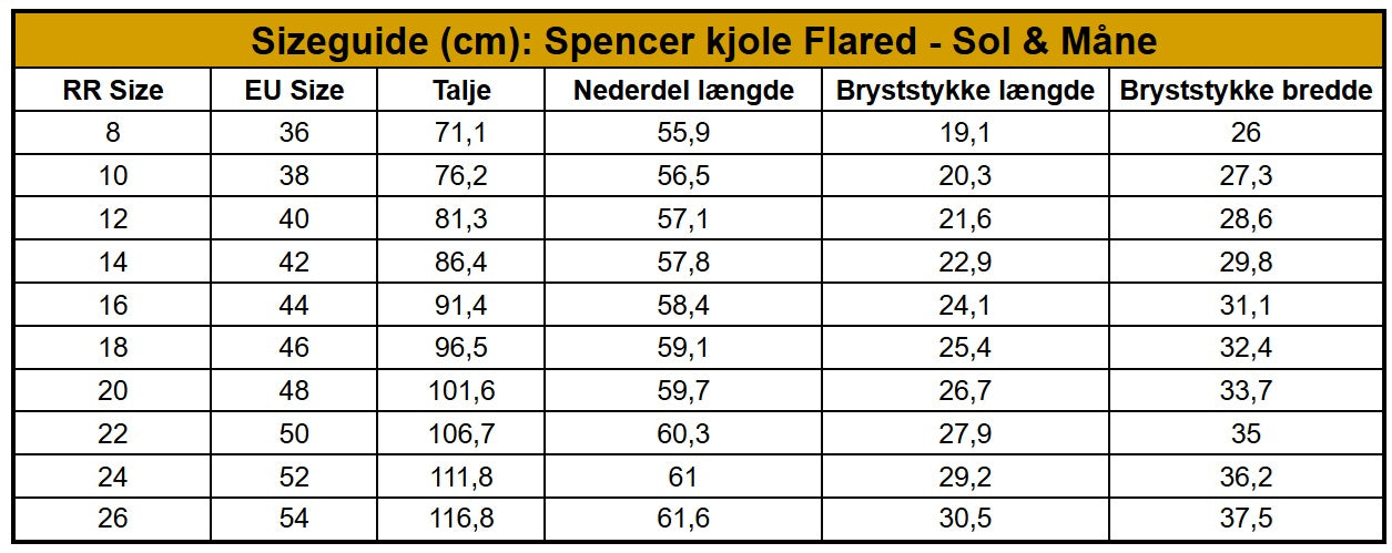 Størrelsesskema til spencerskjole flared sol og måne