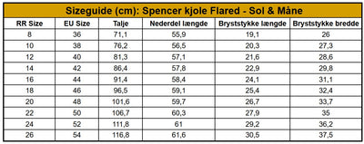 Størrelsesskema til spencerskjole flared sol og måne