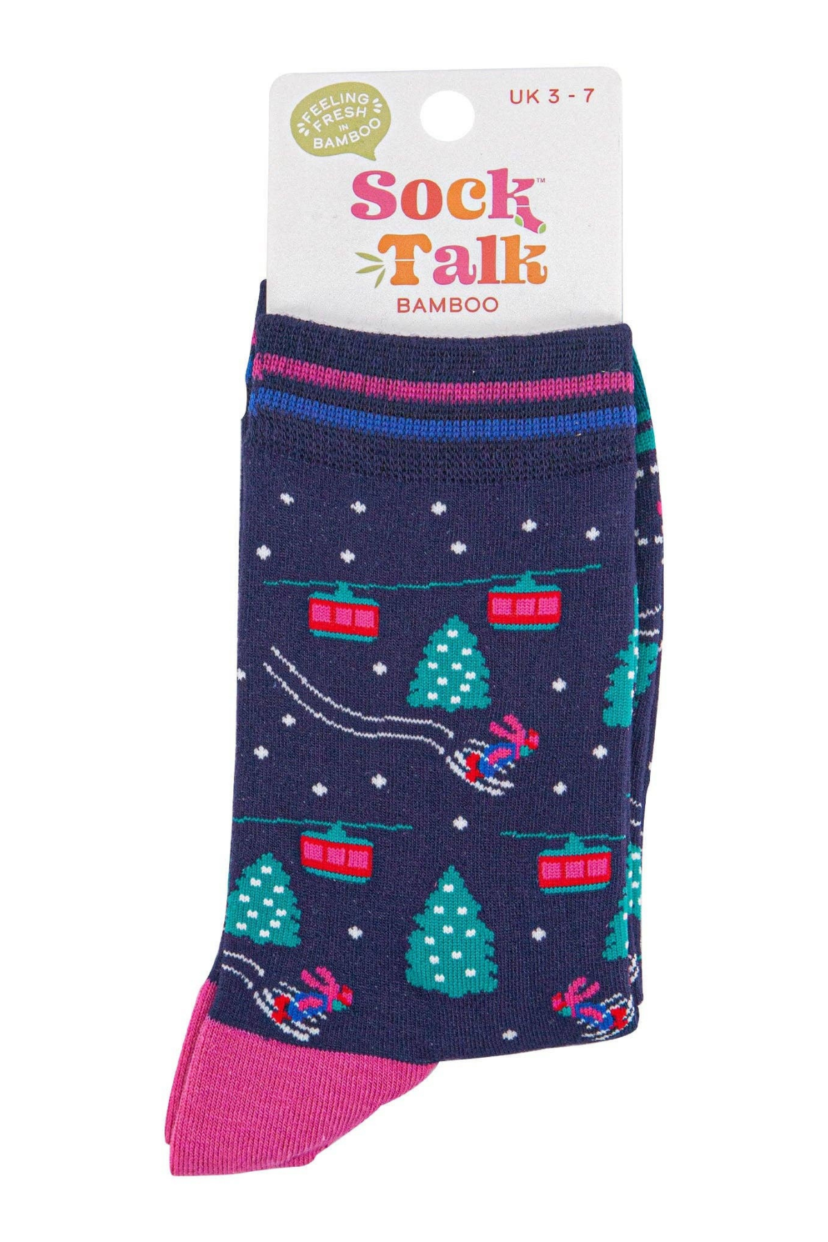 Ski Lift bambusstrømper med pink hæl og tå i vintertema