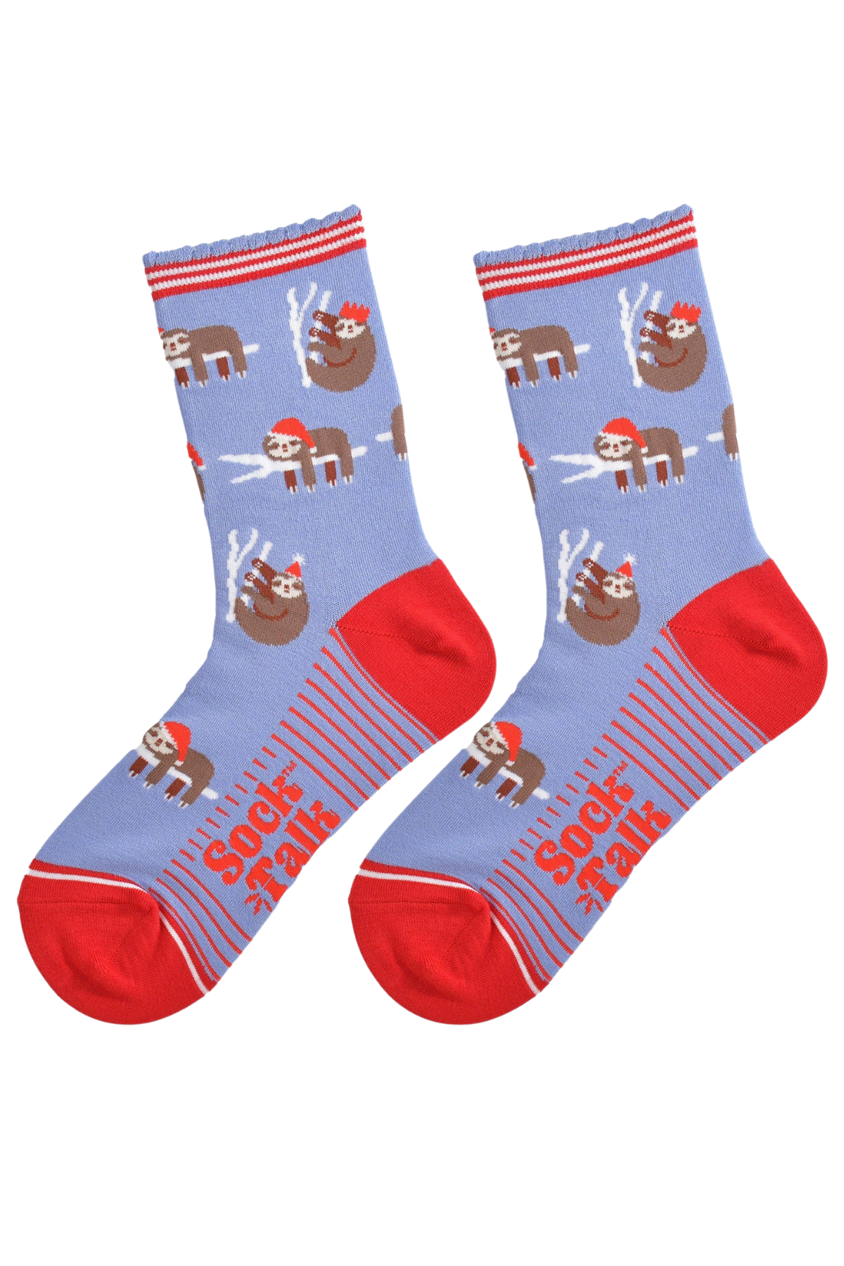 Lyseblå Sock Talk bambusstrømper med julemotiv og rød hæl