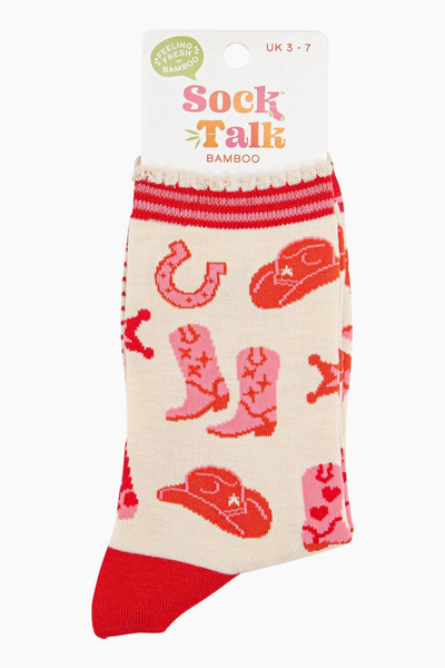 Sock Talk bambusstrømper med cowboytema og hestesko