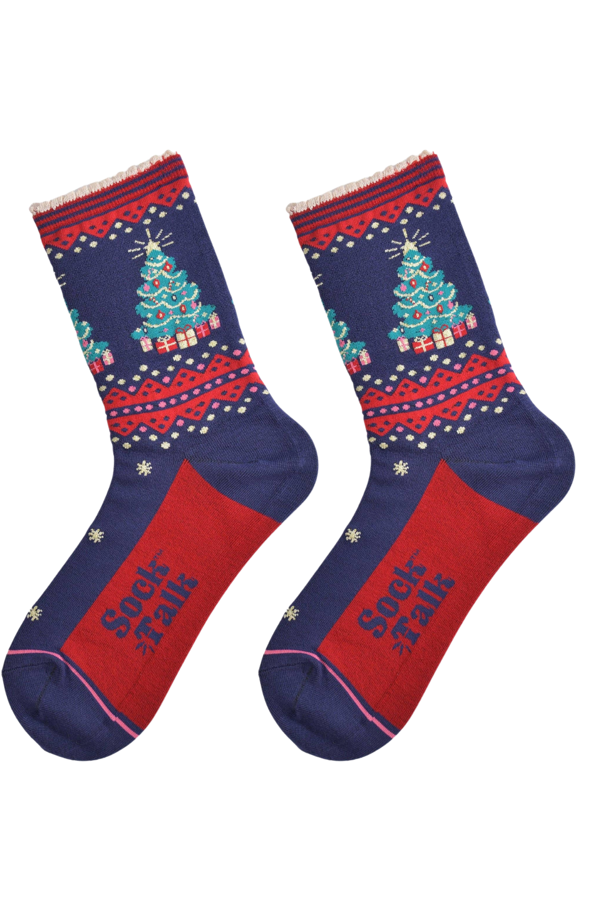 Bløde julestrømper i bambus med snefnug og røde detaljer