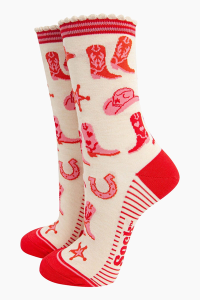 Sock Talk Cowgirl Boots bambusstrømper med westernmotiv i pink og rød