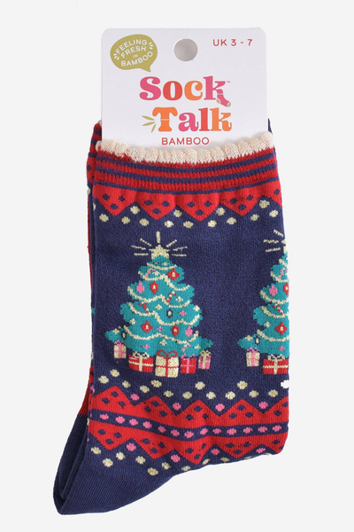 Julestrømper med gaver og snefnug i mørkeblå og rød