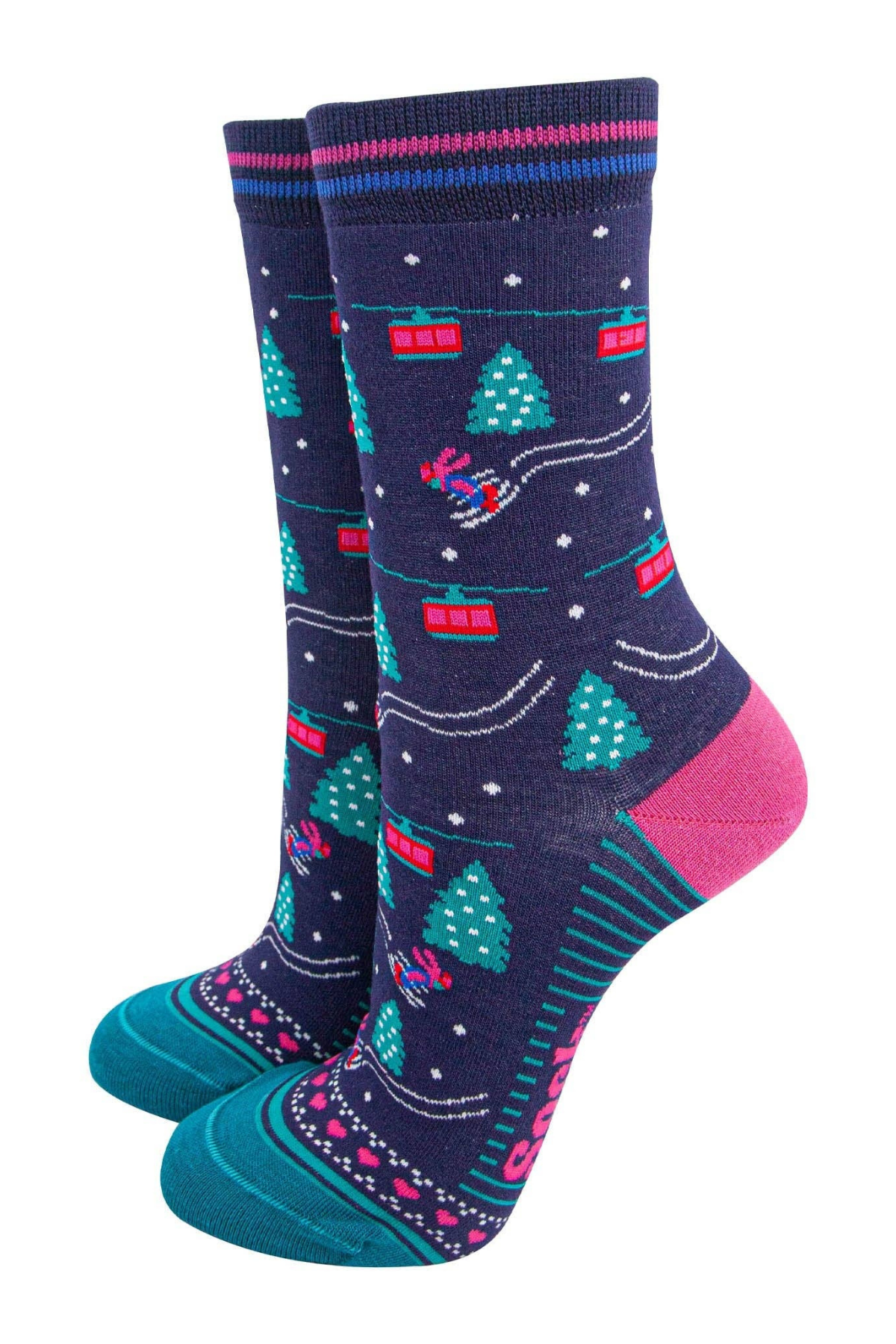 Sock Talk Ski Lift bambusstrømper med skilift og sneprint