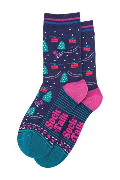 Vinterstrømper i bambus med farverige detaljer og snefnug