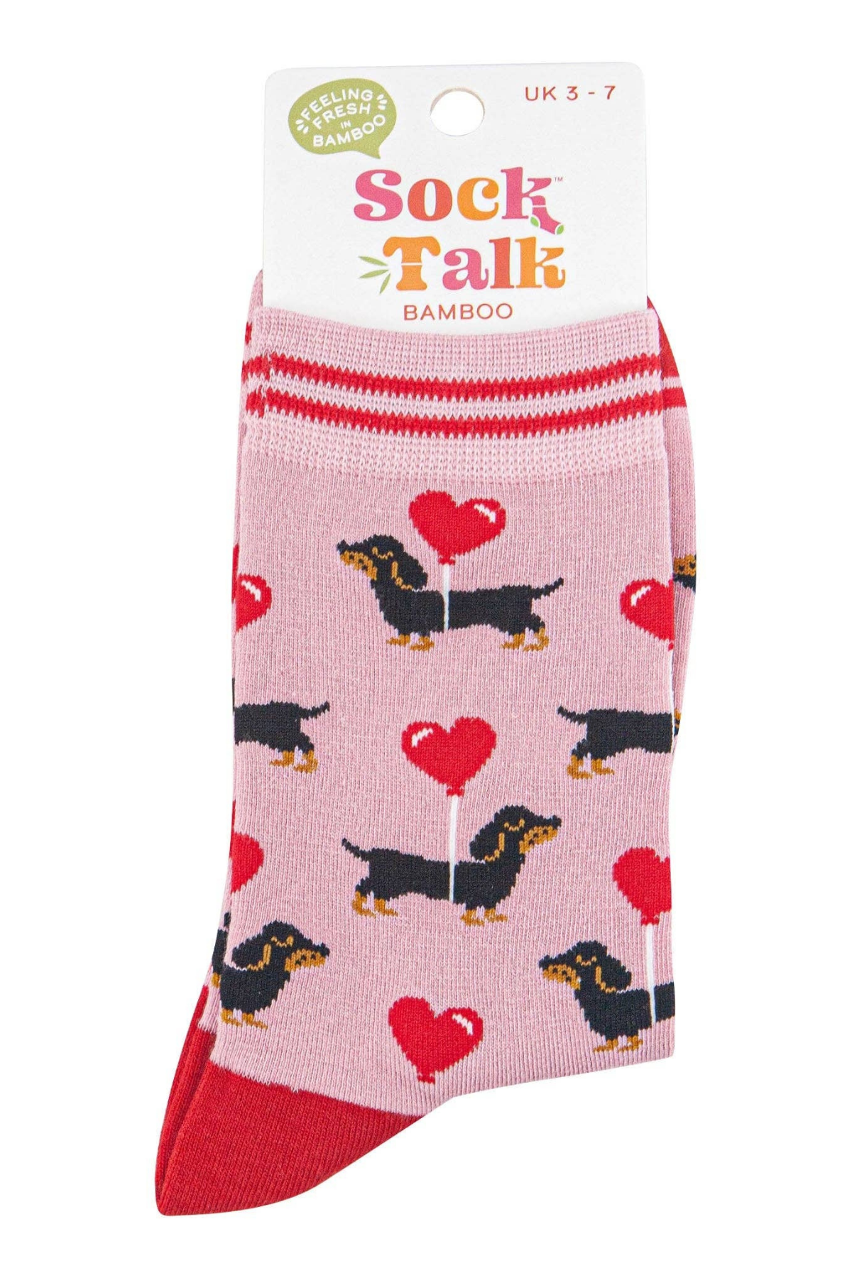 Sock Talk bambusstrømper – Dachshund Love design med gravhunde og hjerteballoner i gavevenlig emballage