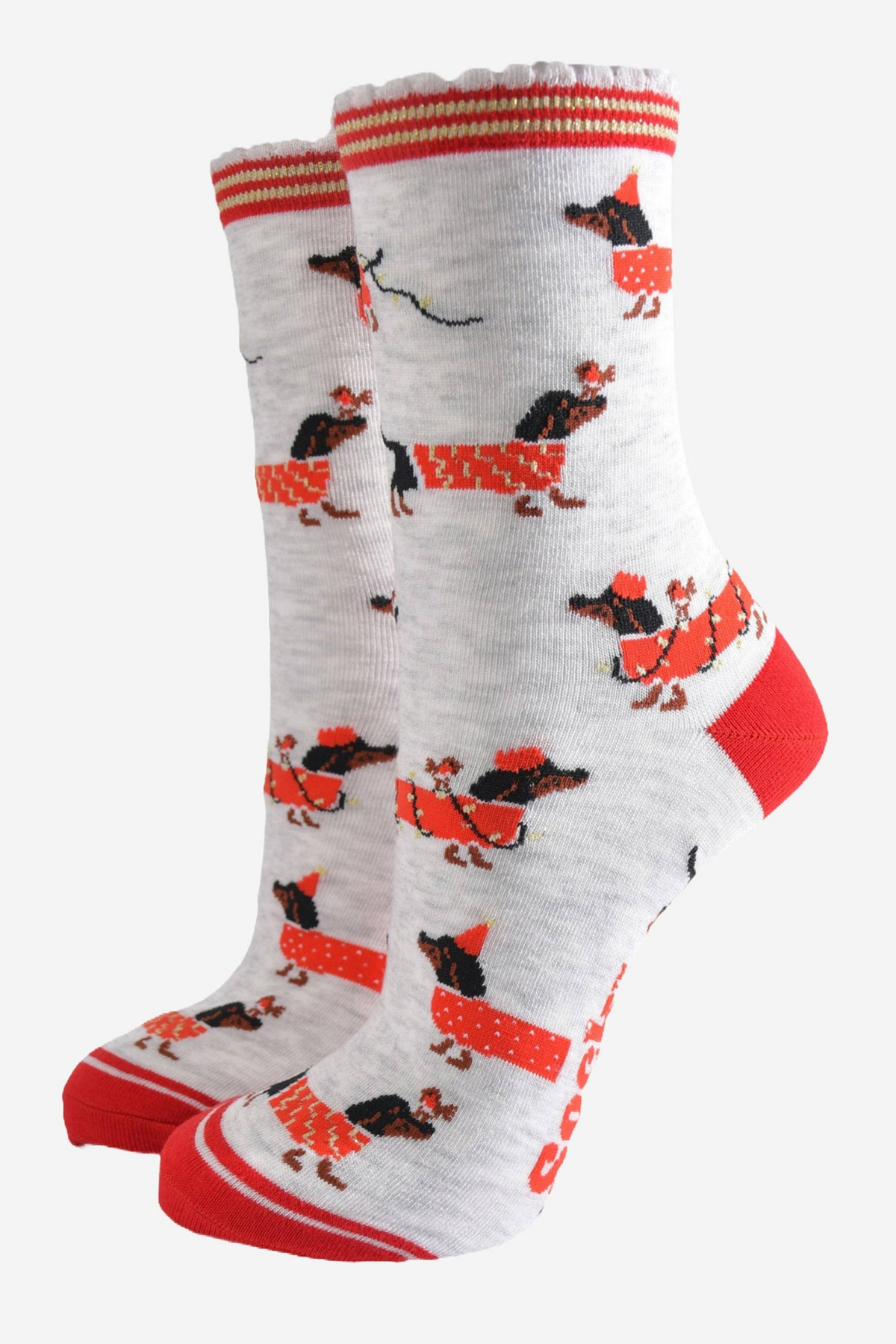 Sock Talk Festive Sausage Dog bambusstrømper – grå sokker med gravhunde og røde detaljer