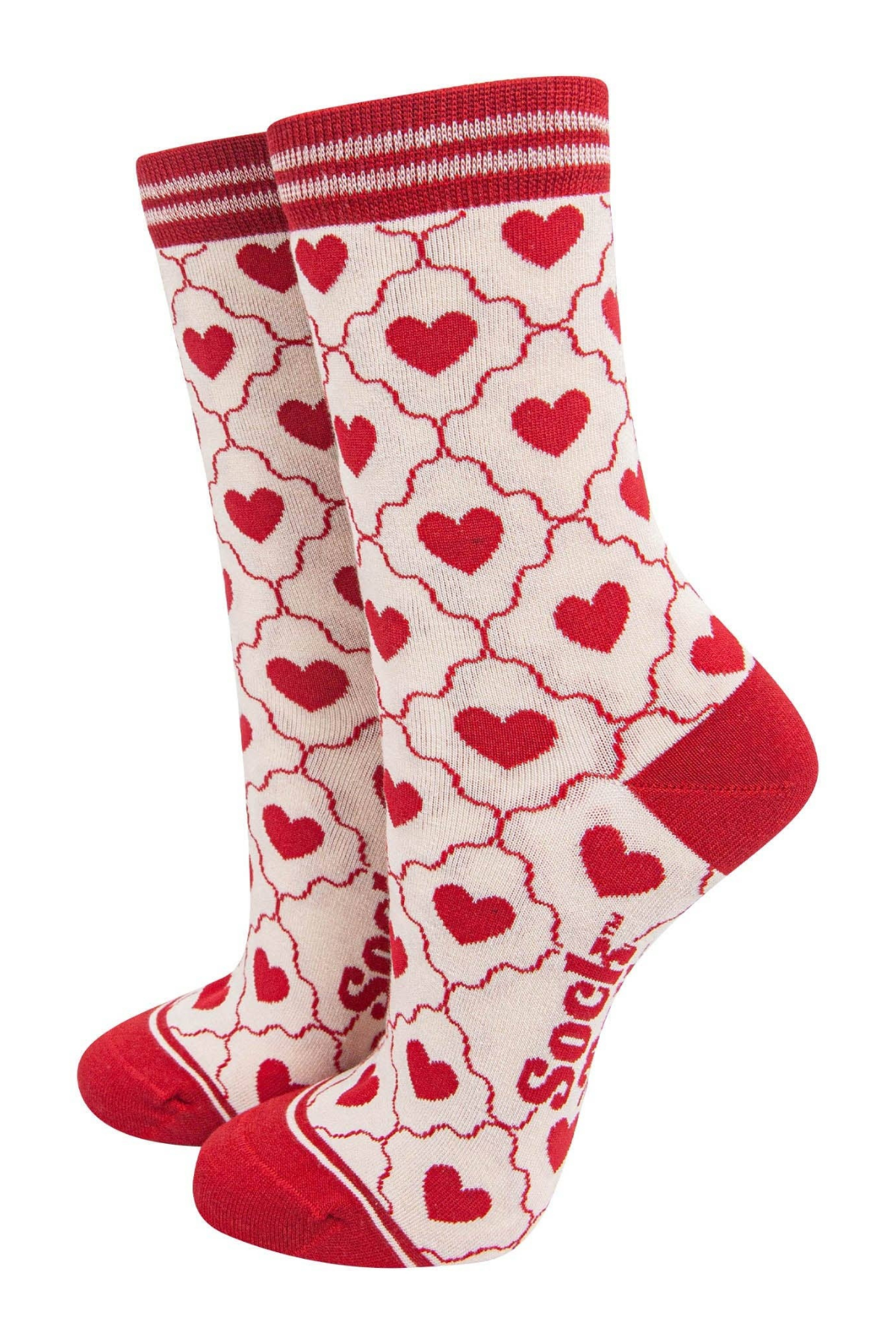 Sock Talk Heart Pattern bambusstrømper – creme sokker med røde hjerter