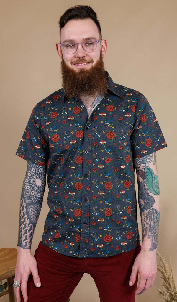 Kortærmet Skjorte Retro Old School Tattoo Mørkegrå