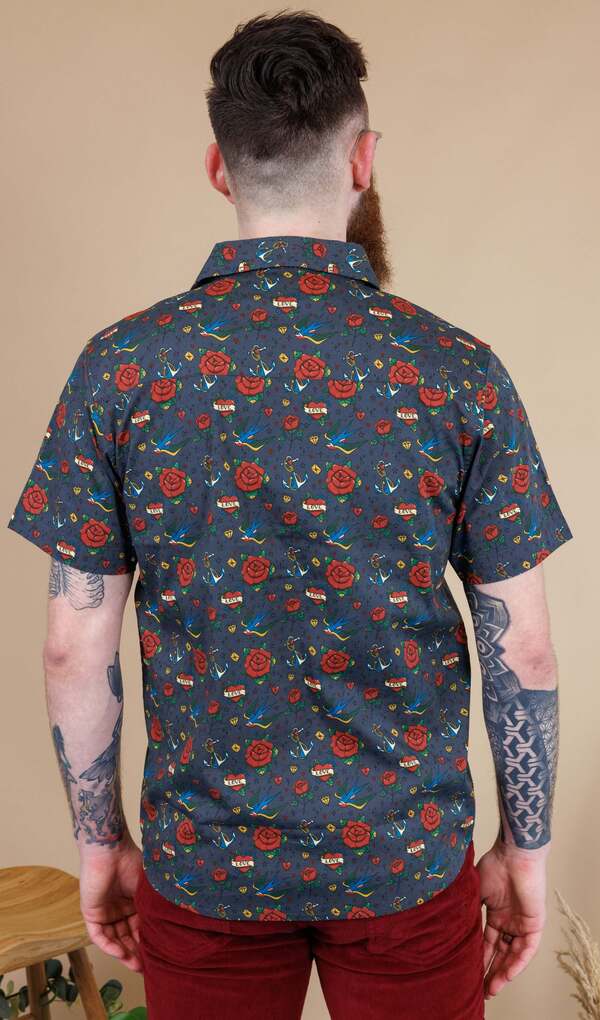 Kortærmet Skjorte Retro Old School Tattoo Mørkegrå
