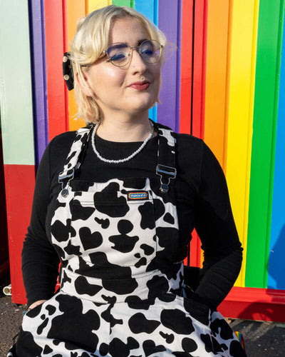 Flared Pinafore Dress "Cow Print" Sort/Hvid