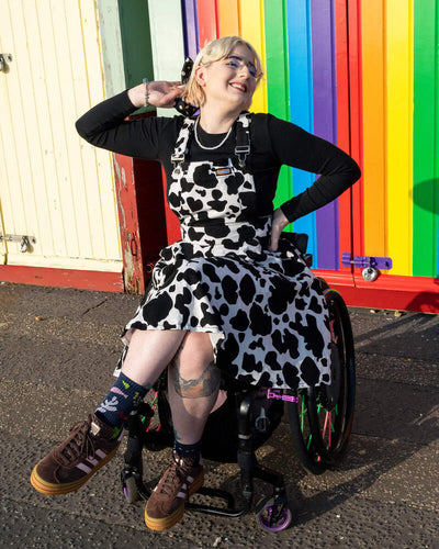 Flared Pinafore Dress "Cow Print" Sort/Hvid