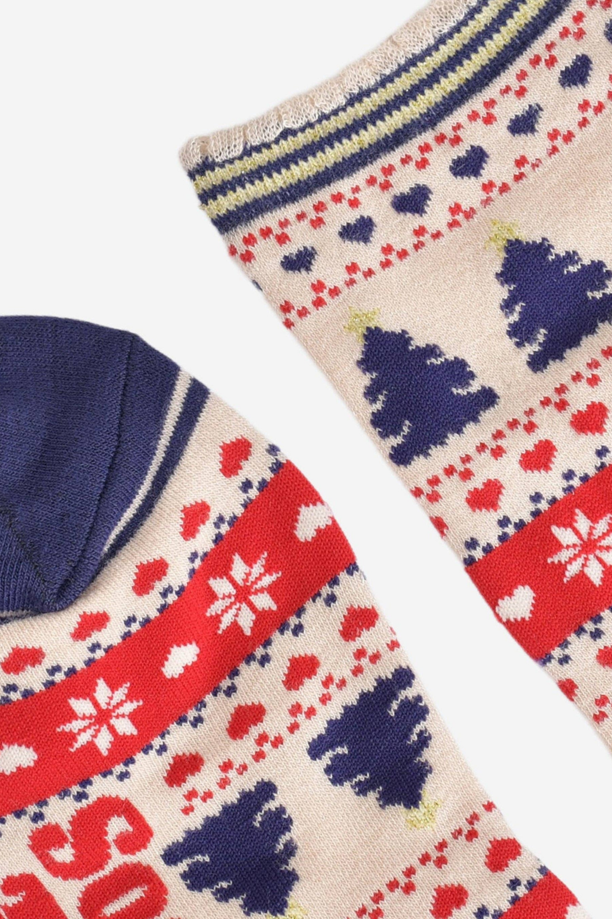 Detaljebillede af ribkant og mønster på Sock Talk Fair Isle julebambusstrømper