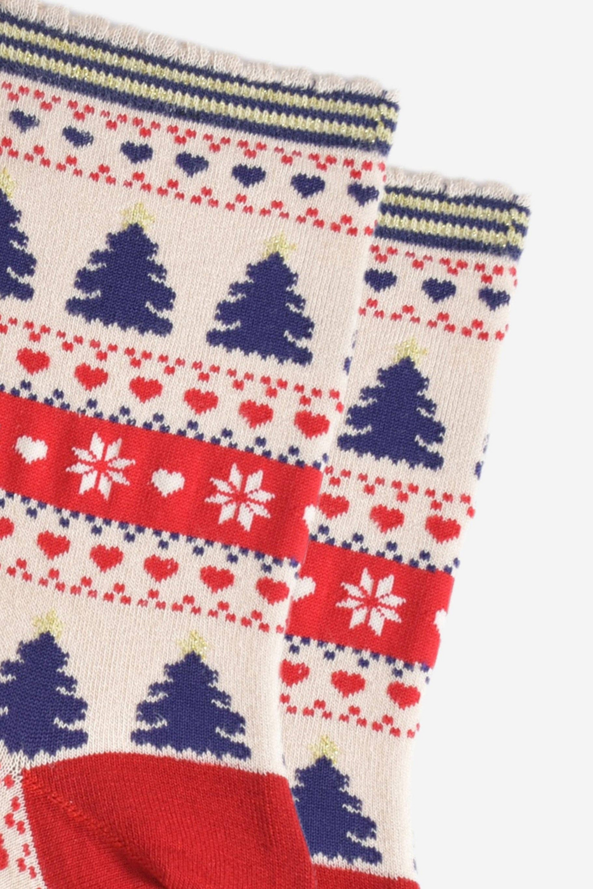 Close-up af juletræer, hjerter og snefnug på Fair Isle bambusstrømper