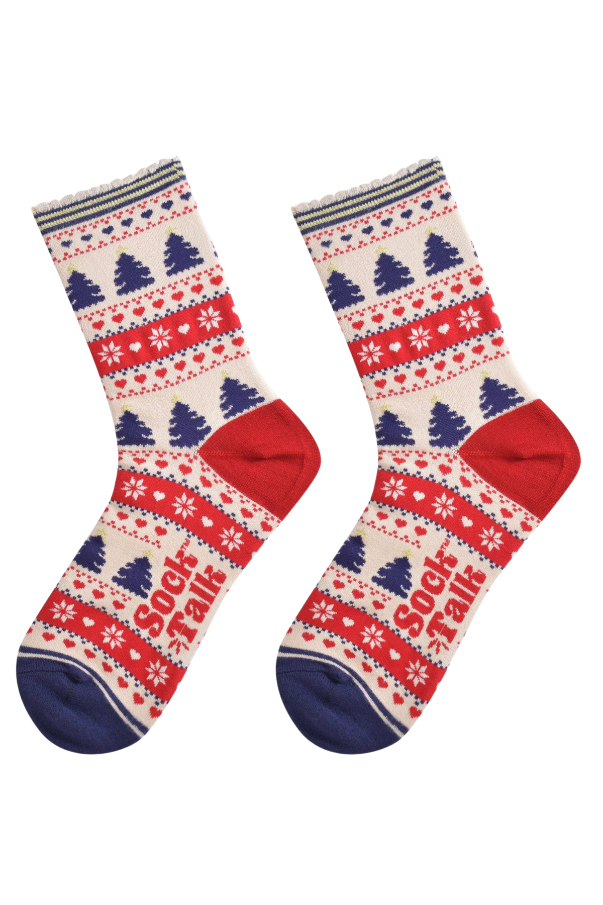 Fair Isle Christmas bambusstrømper fra Sock Talk i creme/rød/navy – fladlagt billed