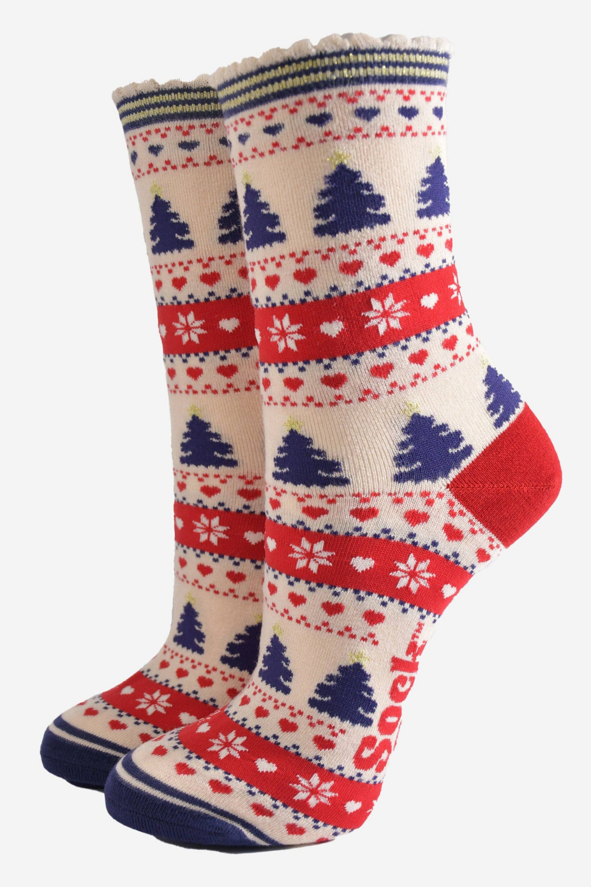 Sock Talk Fair Isle bambusstrømper i creme/rød/navy – frontvinkel med julemotiv
