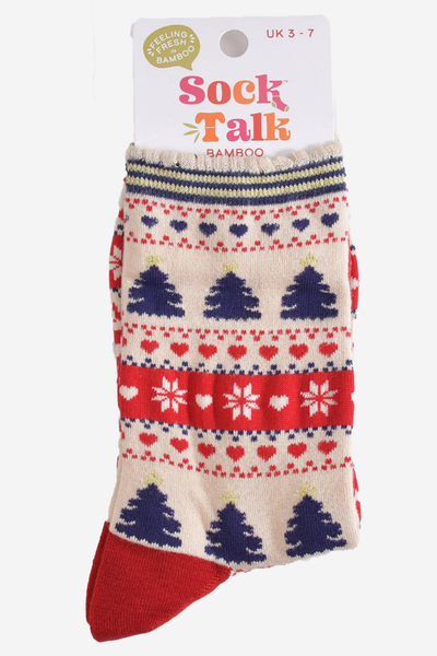 Sock Talk Fair Isle Christmas bambusstrømper i emballage – creme/rød/navy