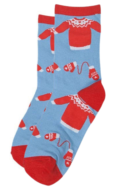 Blå og røde bambusstrømper fra Sock Talk med julesweater- og vanteprint – forsidefoto