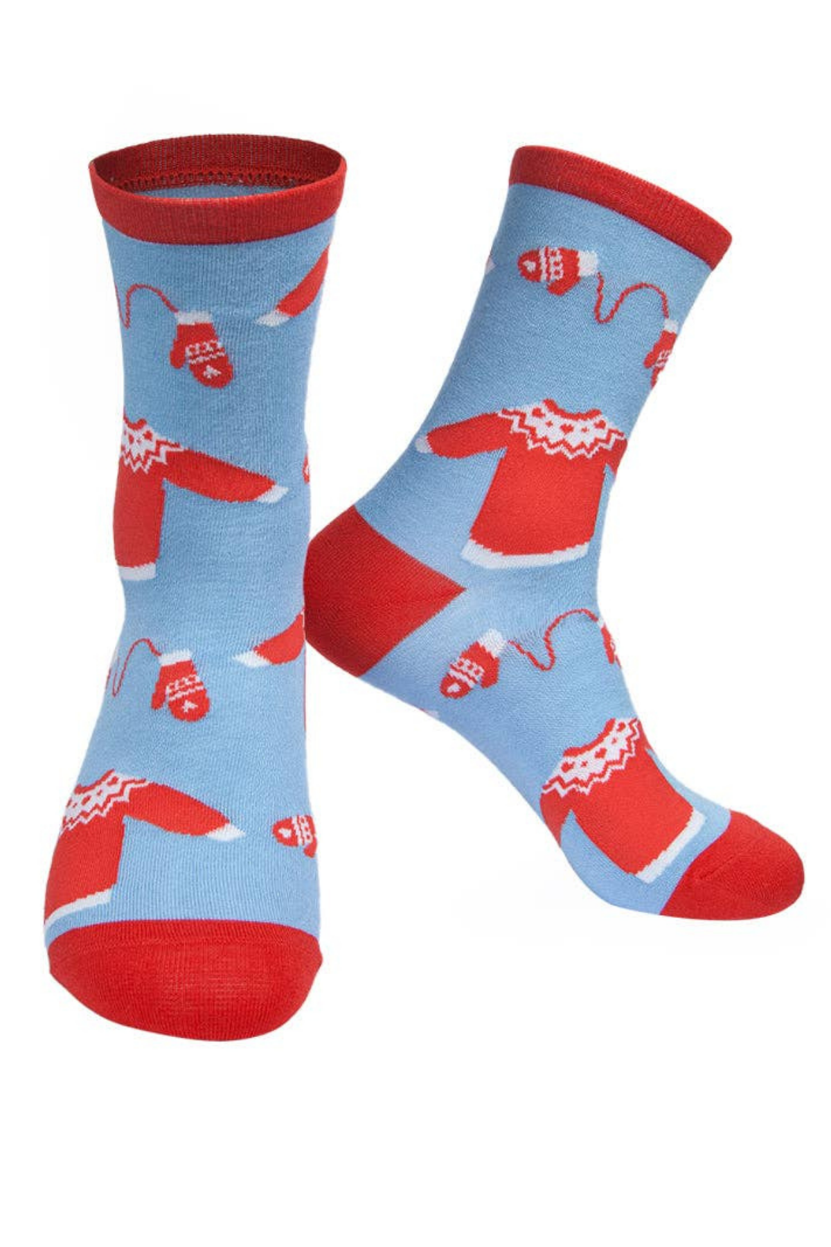 Julestrømper i blå/rød med søde sweaters og vanter – bambus, komfort og vinterhygge