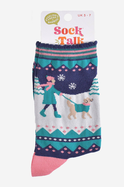 Sock Talk strømper i emballage med vintermotiv og hundedesign