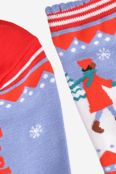 Detaljer af rød hæl og scalloped cuff på Sock Talk julestrømper