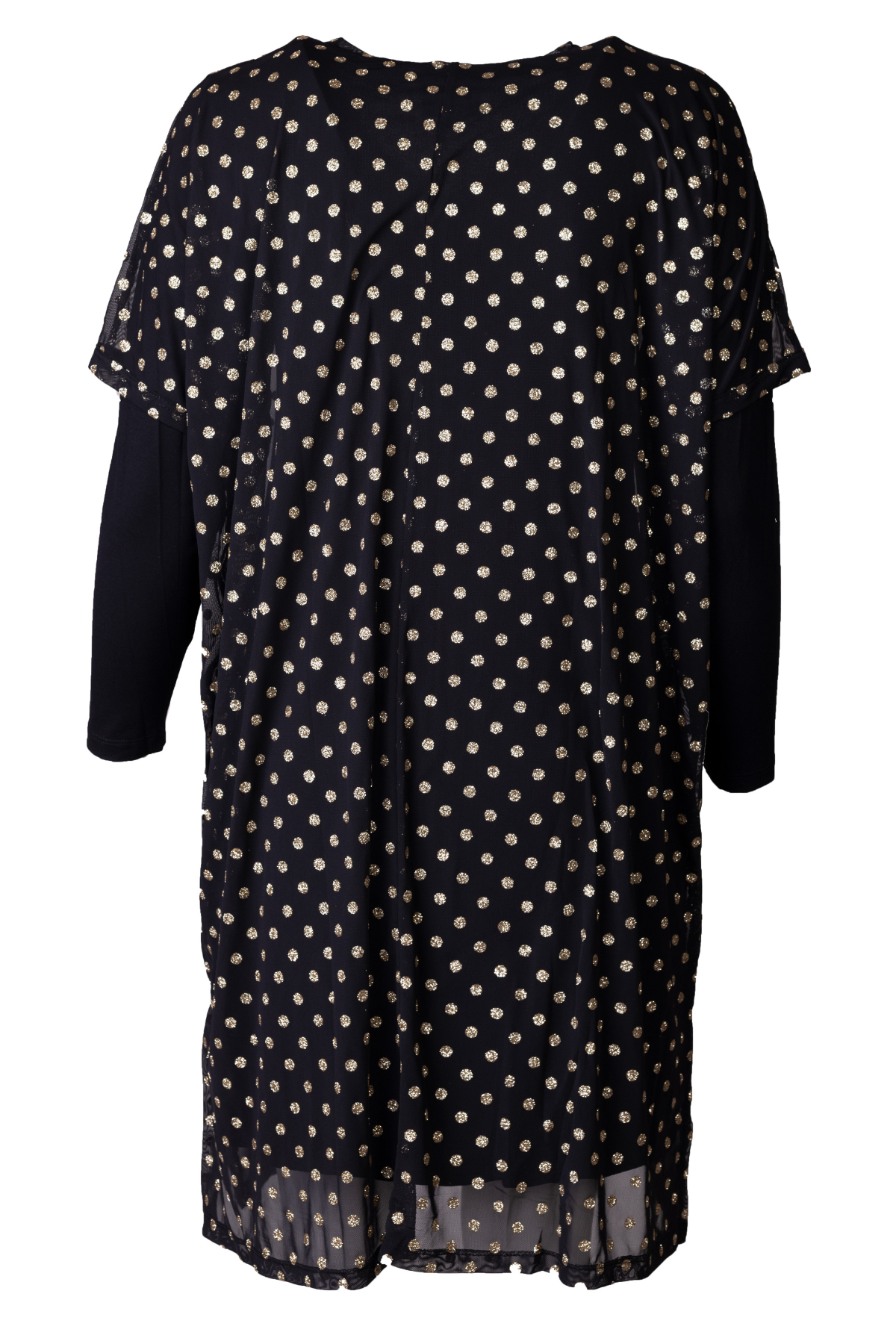 STUDIO Alma Dress set bagfra, sort mesh med guldprikker og elegant fald.