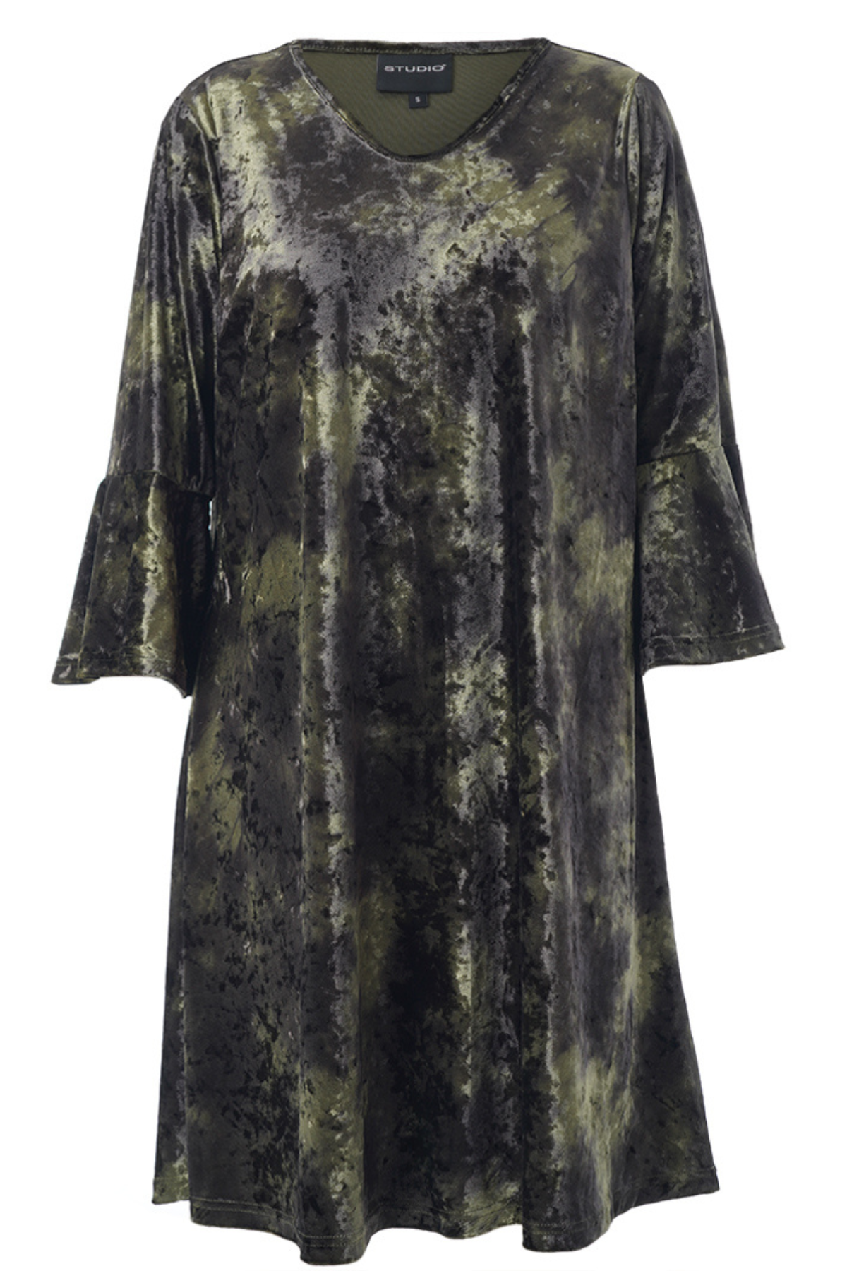 Produktfoto af STUDIO Helda Velourkjole grøn – set forfra.